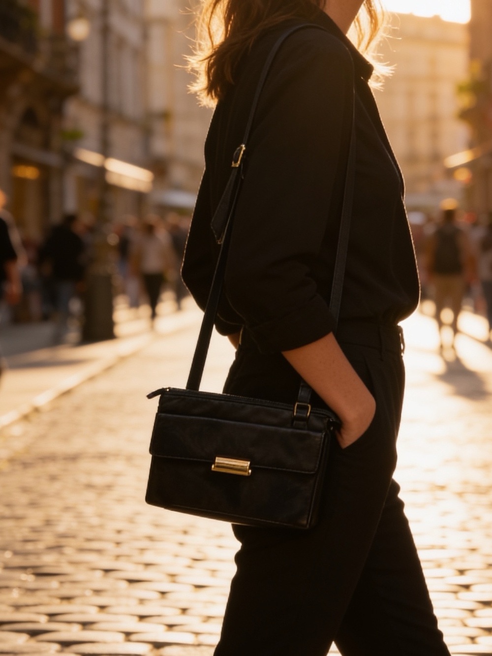 Diamicci | Womans Classic Black Crossbody Bag with Gold Accent